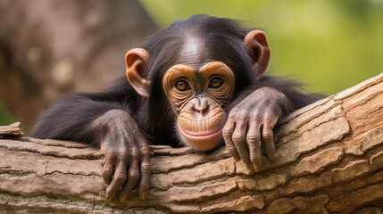 Wall Mural - Frontal Portrait of a Young Chimpanzee Relaxing on a Tree Branch. generative ai