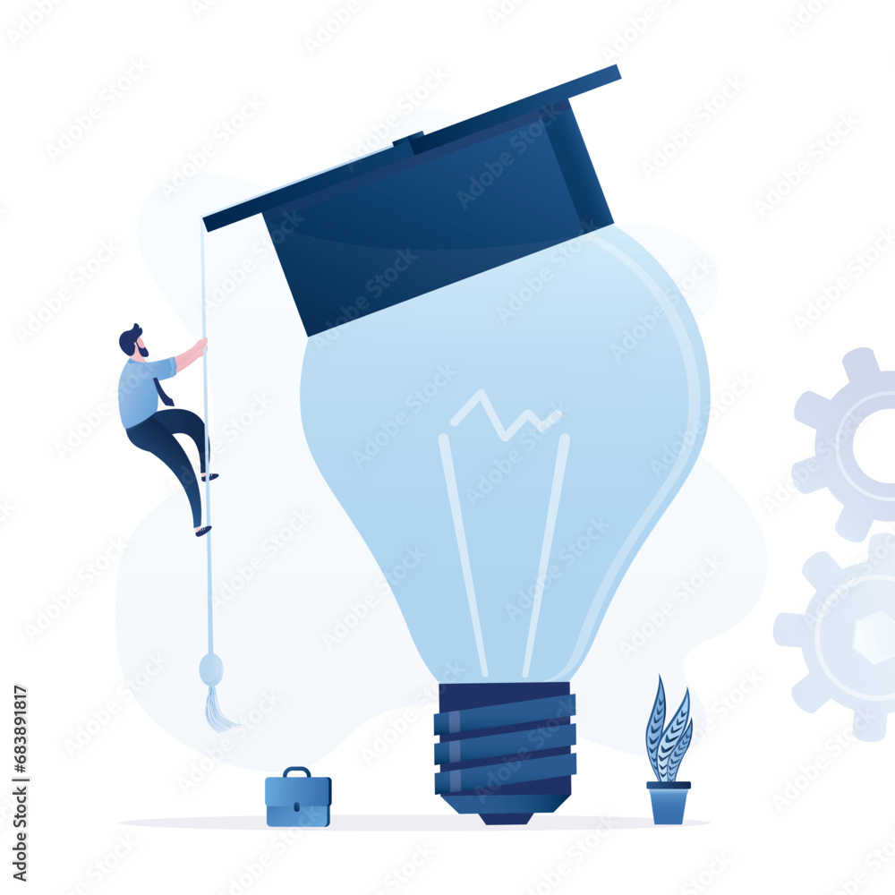 Graduation Cap Rope And Businessman or student climbing rope on bright light bulb and ...