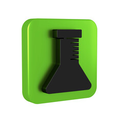 Wall Mural - Black Test tube and flask icon isolated on transparent background. Chemical laboratory test. Laboratory glassware. Green square button.