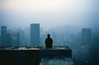 Abstract portrayal of a person lost in thought against the backdrop of a city, merging the internal and external landscapes.