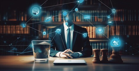 Smart law, legal advice icons and lawyer working tools in the lawyers office showing concept of digital law and online technology of astute law and regulations, Generative AI