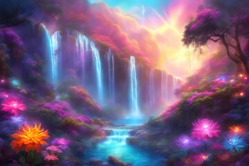 Wall Mural - A beautiful paradise land full of flowers, rivers and waterfalls, a blooming and magical idyllic Eden garden.