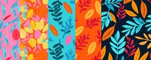 Set Of Bright Funny Seamless Patterns With Abstract Leaves.  Design, Generative AI