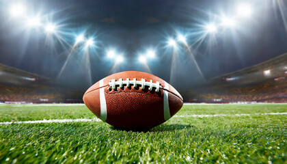 Sticker - American football field with closeup on ball and stadium lights. Sports background