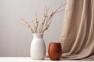 Wall Mural - white vase with a brown vase with long twigs in it