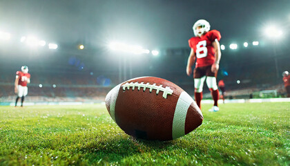 Wall Mural - American football players on the field with closeup on ball and stadium lights