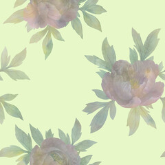  Watercolor flowers, seamless abstract pattern, drawn peony flowers, on a light green background
