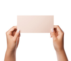 holding an empty note mockup with two hands to show a text sign or message, hand holding a blank paper note or business card mockup isolated on a transparent background