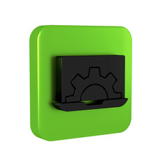 Black Software, web development, programming concept icon isolated on transparent background. Programming language and program code on screen laptop. Green square button.