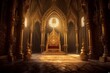 A golden filigree throne room in a medieval castle king sitting on the throne intricate designs the walls and ceiling, Generative AI