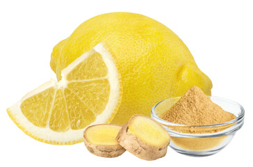 Wall Mural - Ginger and lemon isolated on white or transparent background. Natural remedy for cold and cough