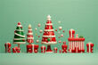 Scène 3D de plein de cadeaux rouges et blancs au pied d'un sapin - ambiance de fête de fin d'année et de joyeux Noël - fond vert - espace vide pour écrire