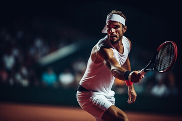 Focused young male tennis player playing a match on hard court. copy space