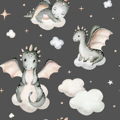  Cartoon cute kids sleeping Dragon seamless pattern, childish background