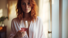 A Glass Of Rose Wine In The Hands Of Beautiful Woman In Dress. Celebrate And Enjoy The Moment. Tasting Of Alcoholic Beverages. Romantic Evening Aperitif. Glass For Cocktails And Wine. Generated AI