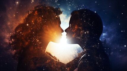 romantic silhouette of couple against cosmic starry sky background with glowing heart-shaped space