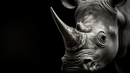 Wall Mural - Highly alerted rhinoceros, black and white, monochrome portrait. generative ai