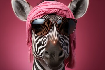  stylish zebra decked out in a trendy orange fedora, chic sunglasses, and a pink neck scarf, complemented by a bold pink background. The ensemble adds a touch of whimsy to the zebra's striking stripes.