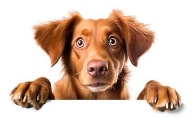 head of dog with paws up, peeking over a blank white sign isolated on transparent background, png. Sized for web banner or social media cover