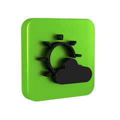 Wall Mural - Black Sun and cloud weather icon isolated on transparent background. Green square button.