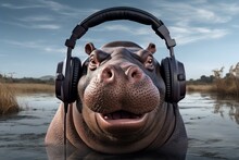 Eye-catching Hippo Headphones. Zoo Wild Face. Generate Ai