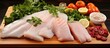 On the white isolated background, a variety of fish fillets including pangasius, pollock, catfish, cod, and haddock lay raw and frozen on a board. The white meat, healthy and succulent, awaits the