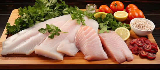 on the white isolated background, a variety of fish fillets including pangasius, pollock, catfish, c