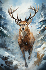 Wall Mural - Roe deer with big horns in forest. Illustration generative AI