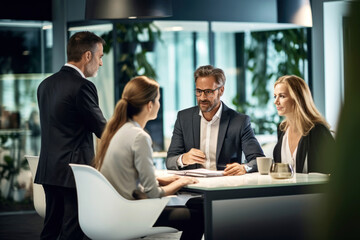 Wall Mural - Group of Business Professionals Discussing Strategy in Office Meeting. Businesspeople having a productive business meeting indoors.