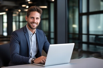 Wall Mural - Professional businessman using laptop at office table, copy space