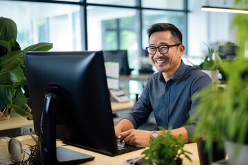 professional asian businessman using desktop computer at office table, copy space