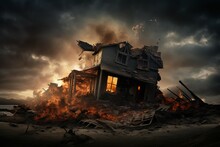Devastated Dramatic house destroyed. Wind disaster. Generate Ai