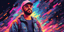 Pixel Art Black Beard Man, Cartoon Style, Illustration Stoned, Splash Art, Splashed Dark Colors, Neon Colors.