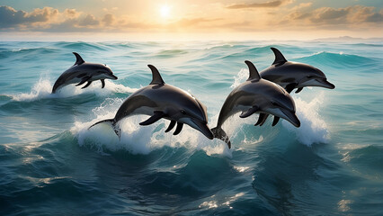 Wall Mural - A pod of dolphins leaping gracefully AI-Generative