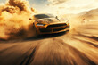 A yellow sports car driving on a desert road. Perfect for automotive or travel-related projects