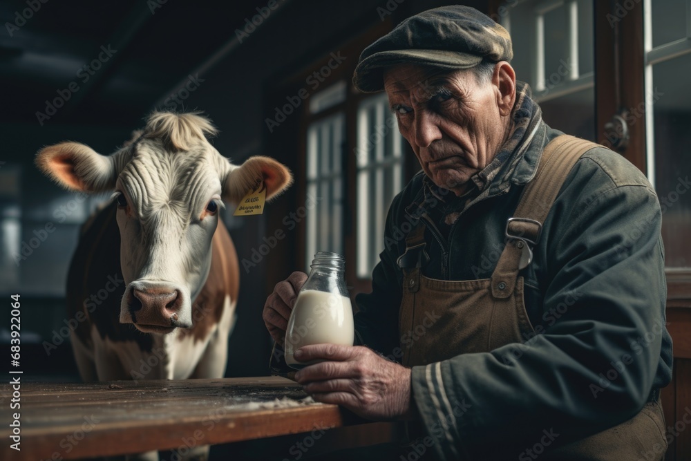 An elderly man is shown in the act of milking a cow. This image can be ...