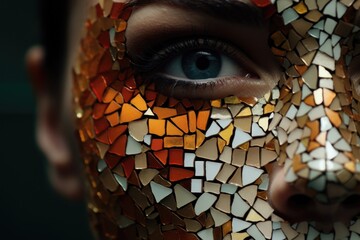 Canvas Print - A close-up view of a person's face with a mosaic design. 