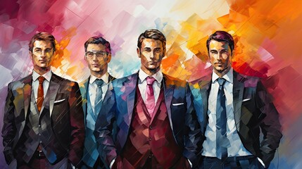 ai-generated illustration of men in suits on a colorful background. midjourney.