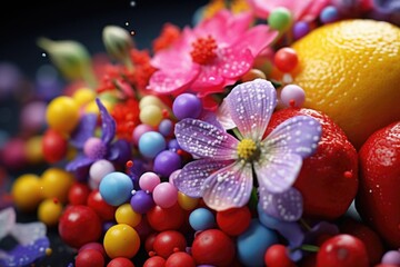 Wall Mural - A close-up view of a colorful bunch of fruit and flowers. This vibrant image can be used to add a fresh and natural touch to any project