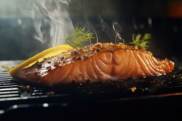 Wall Mural - A close-up view of a piece of fish cooking on a grill. Perfect for food enthusiasts and cooking enthusiasts.