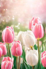  Spring background with beautiful pink and white tulips with bokeh.