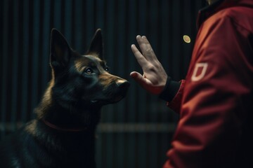 Wall Mural - A man and a dog engaging in a friendly gesture, with the man extending his hand for a high five. 