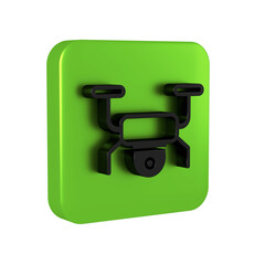 Wall Mural - Black Drone flying icon isolated on transparent background. Quadrocopter with video and photo camera symbol. Green square button.