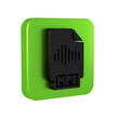Black MP3 file document. Download mp3 button icon isolated on transparent background. Mp3 music format sign. MP3 file symbol. Green square button.