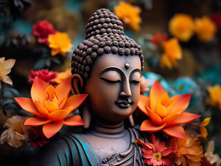 buddha statue in the garden with lotus flowers.