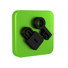 Black Lock with key icon isolated on transparent background. Love symbol and keyhole sign. Green square button.