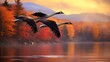 A squadron of geese flying in perfect V-formation against a backdrop of fiery autumn foliage, their synchronized flight a marvel to behold.