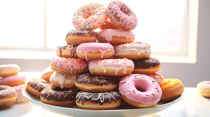 Wall Mural - Plate of glazed donuts on white table. Close-up