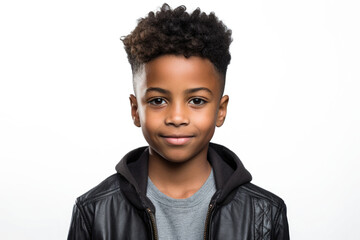 Wall Mural - Happy multiracial boy isolated on white background. Portrait of black boy looking at camera. African american child