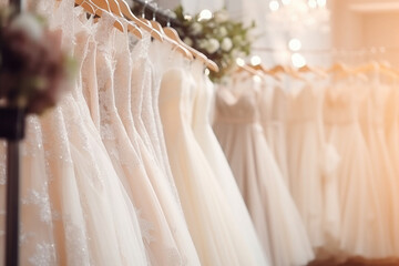 Wall Mural - Elegant wedding dresses hanging on hangers in shop. Bridal dress in wedding boutique salon